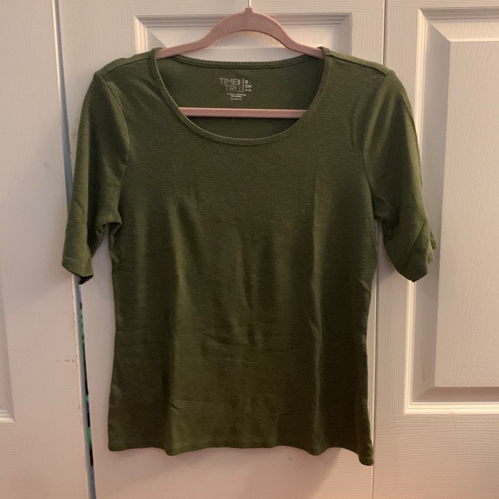 Time and True T. Olive green.